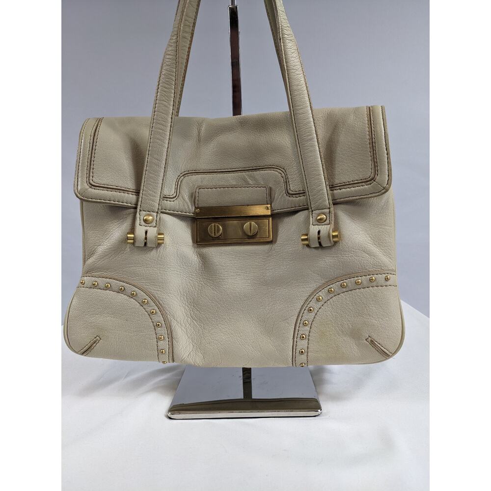 Talbots Leather Handbag Purse Ivory Cream Gold Hardware Studded Divided Sections